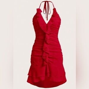 Dress Red ,mini ,with lining, with straps, , tied at the neck and back out
